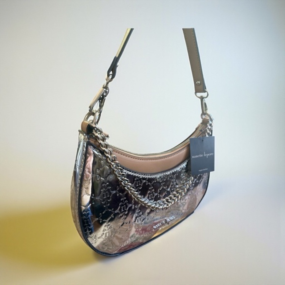 NWT Nanette Lepore Metallic Embossed Chain Shoulder Bag –Luxe Evening Crossbody